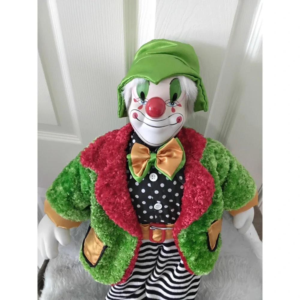 Vintage‎ 24 Inch Porcelain Clown Doll Green Fuzzy Jacket Striped Pants Stand